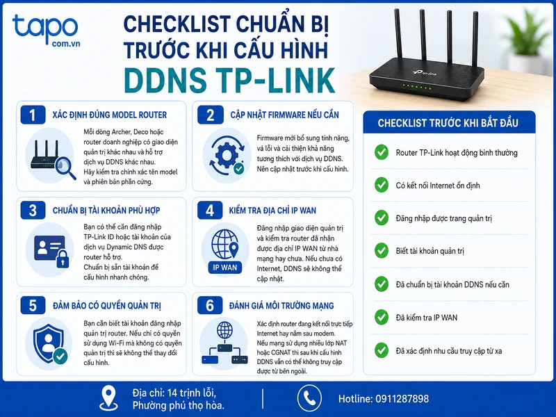 Checklist chuẩn bị trước khi cấu hình DDNS trên router TP-Link