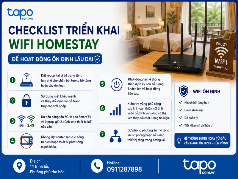 Checklist triển khai WiFi homestay để hoạt động ổn định lâu dài