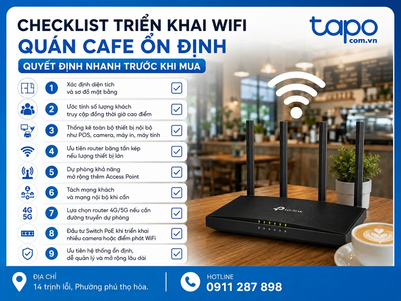 Checklist triển khai WiFi quán cafe ổn định và quyết định nhanh trước khi mua