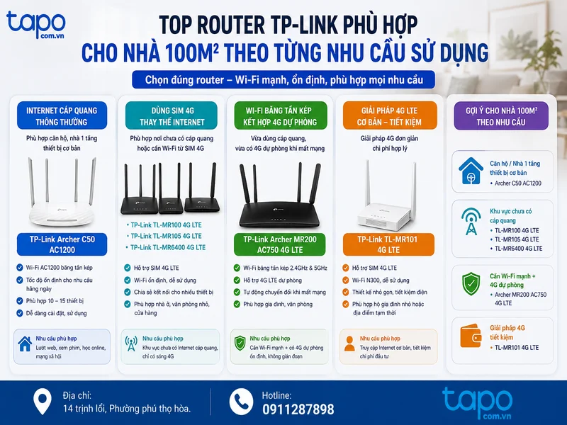 Top router TP-Link phù hợp cho nhà 100m2 theo từng nhu cầu sử dụng