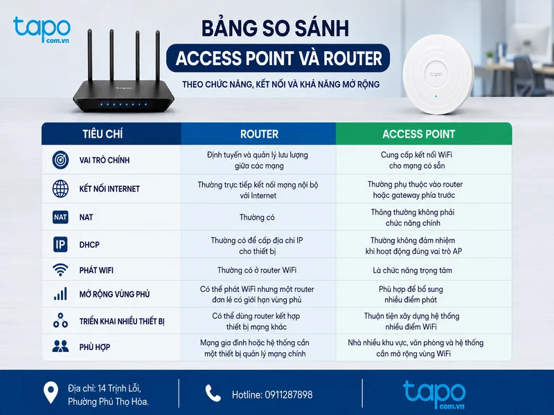 Bảng so sánh access point và router theo chức năng, kết nối và khả năng mở rộng