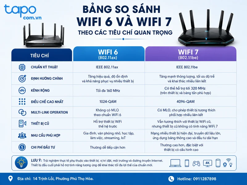 Bảng so sánh WiFi 6 và WiFi 7 theo các tiêu chí quan trọng
