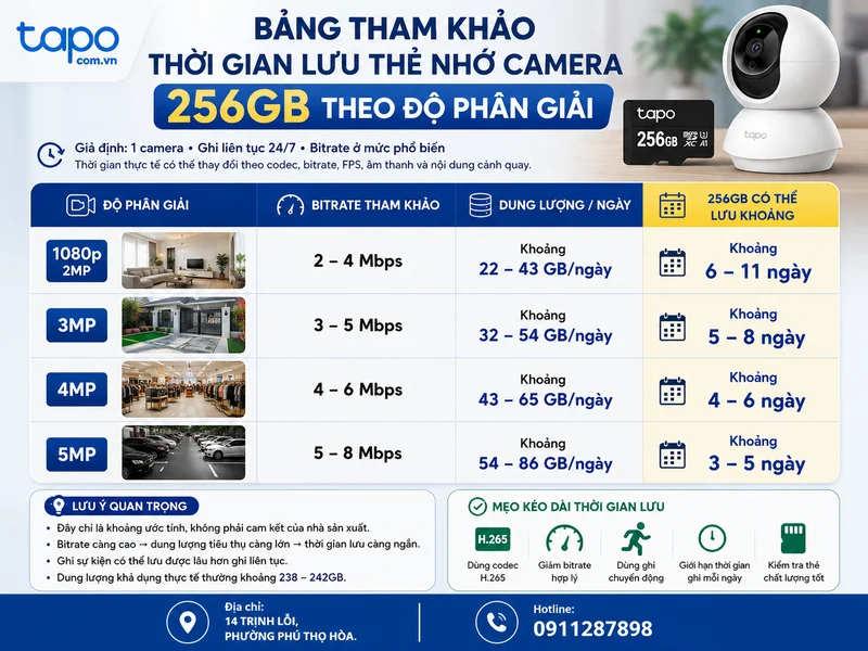 Bảng tham khảo thời gian lưu thẻ nhớ camera 256GB theo độ phân giải