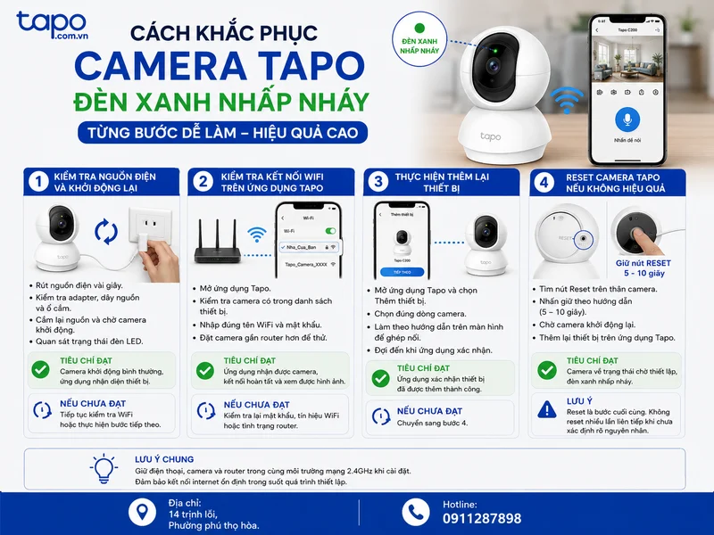 Cách khắc phục camera Tapo đèn xanh nhấp nháy từng bước