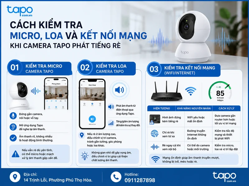 Cách kiểm tra micro, loa và kết nối mạng khi camera Tapo phát tiếng rè