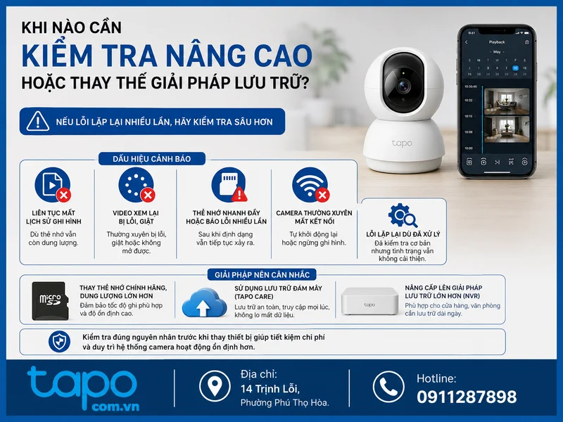 Khi nào cần kiểm tra nâng cao hoặc thay thế giải pháp lưu trữ camera Tapo?