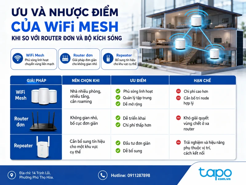 Ưu và nhược điểm của WiFi Mesh khi so với router đơn và bộ kích sóng