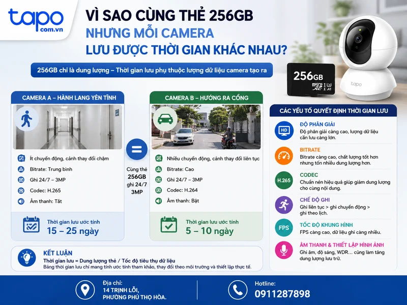Vì sao cùng thẻ 256GB nhưng mỗi camera lưu được thời gian khác nhau?