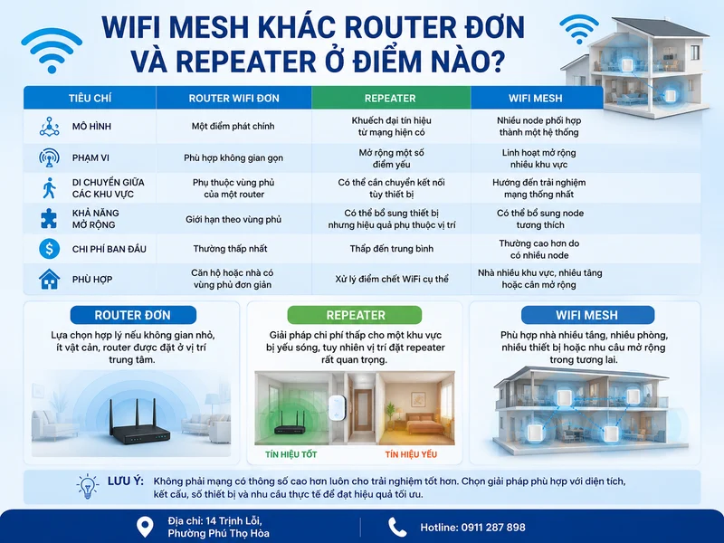 WiFi Mesh khác router đơn và repeater ở điểm nào?