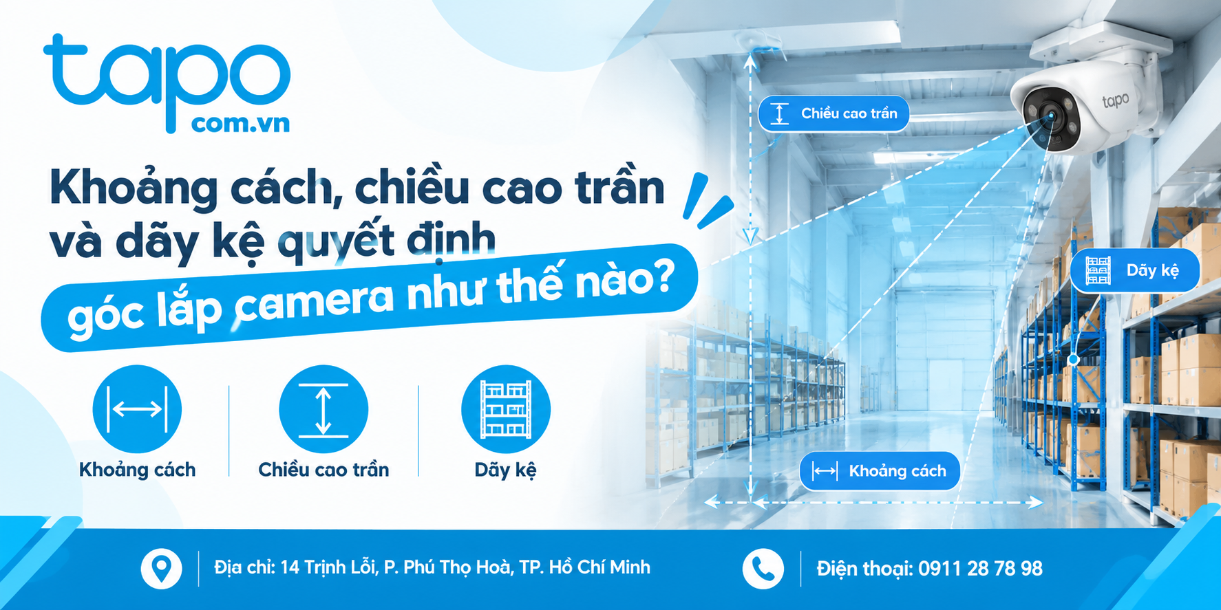 Khoảng cách, chiều cao trần và dãy kệ quyết định góc lắp camera như thế nào?